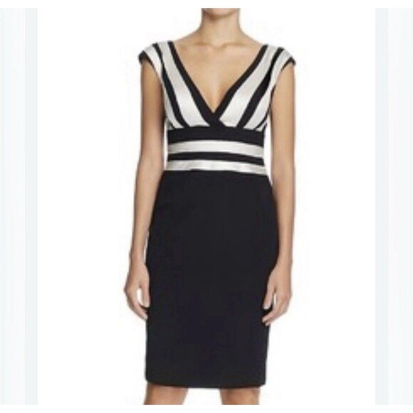 Adrianna Papell Dress Black White Tiered Scallop Sheath Sz 6  V-Neck Formal NWT - Picture 1 of 13
